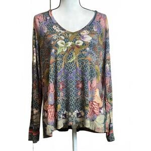 Johnny Was  Aran Flower Favorite Long Sleeve V Neck Swing Tee Large